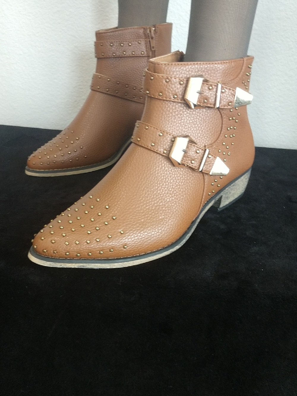 bucco Brown Studded Double-Buckle Ankle Booties